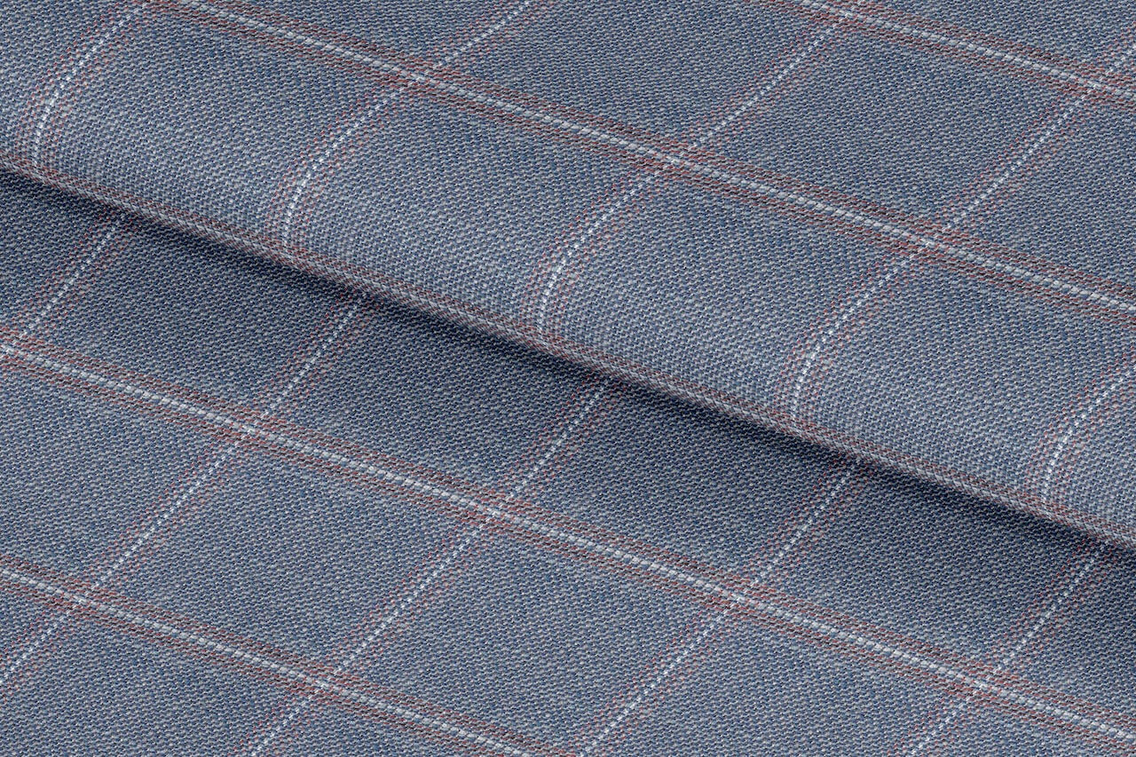 255168/G5-23130 Cool Blue With Orange  & Silver Check Linen Suit Fabric
