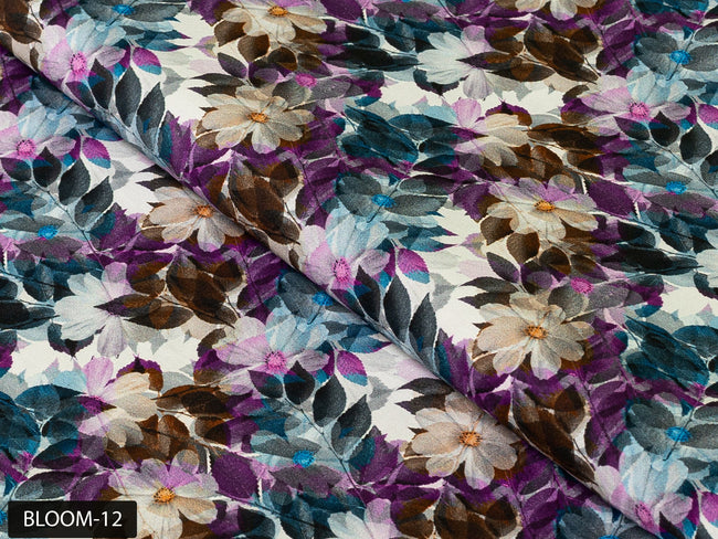 COLOR 12/BLOOM 12 Blue and Brown Floral Printed Fine Giza Cotton Shirting Fabric