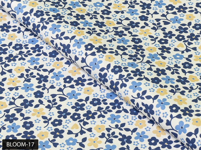 COLOR 17/BLOOM 17 Blue and White Floral Printed Fine Giza Cotton Shirting Fabric