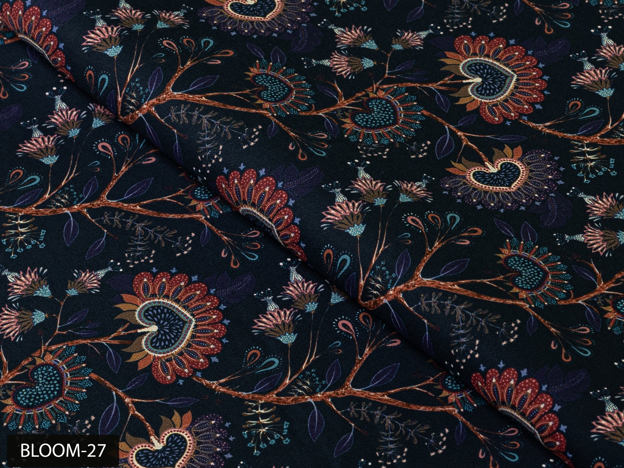 COLOR 27/BLOOM 27 Blue and Red Floral Printed Fine Giza Cotton Shirting Fabric