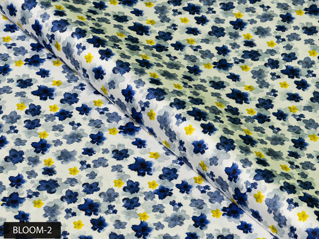 COLOR 2/BLOOM 2 Blue and White Floral Printed Fine Giza Cotton Shirting Fabric