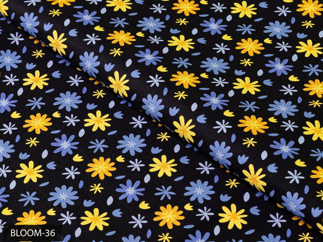 COLOR 36/BLOOM 36 Blue and Yellow Floral Printed Fine Giza Cotton Shirting Fabric