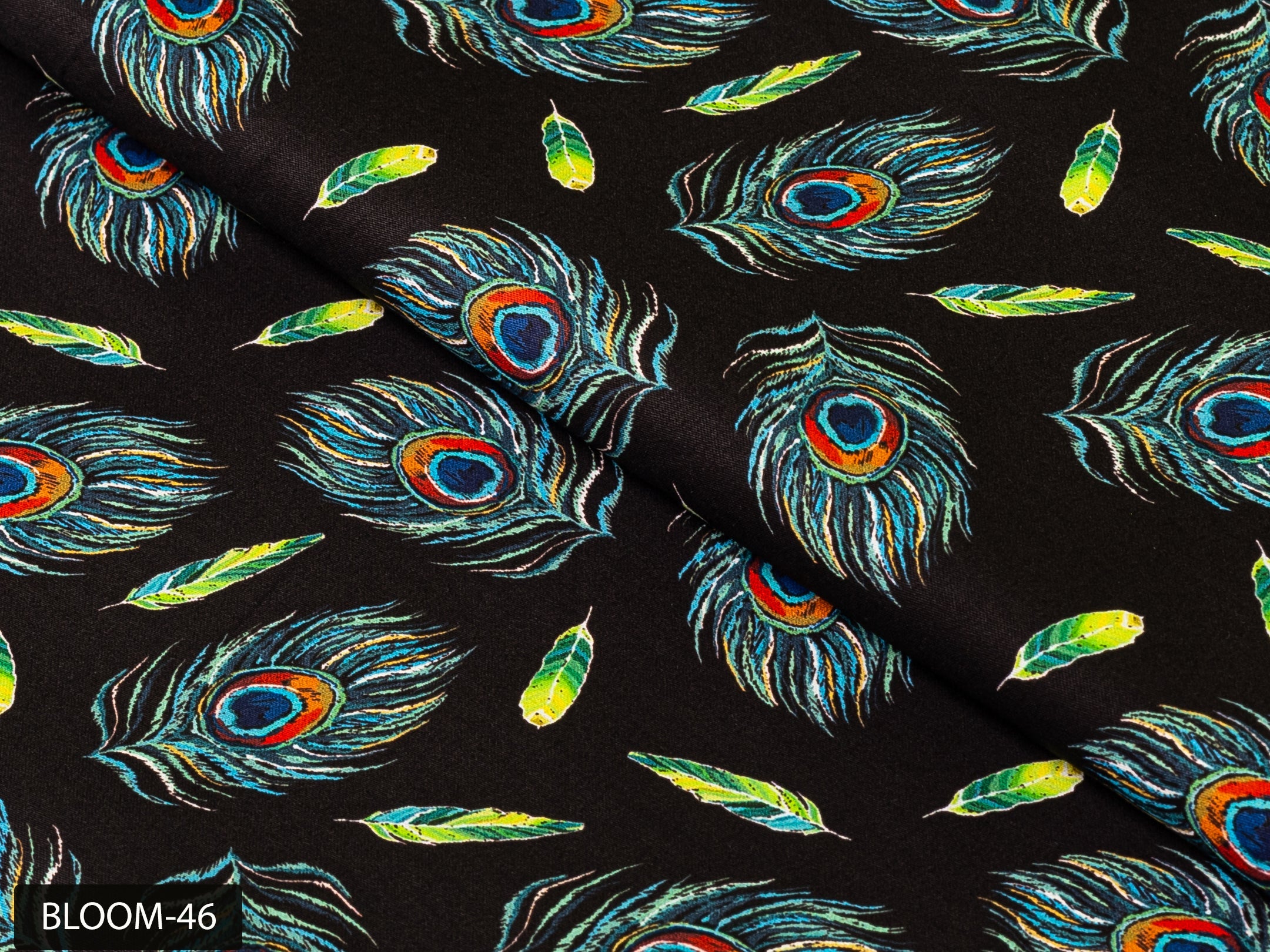 COLOR 46/BLOOM 46 Black and Green Peacock Printed Fine Giza Cotton Shirting Fabric