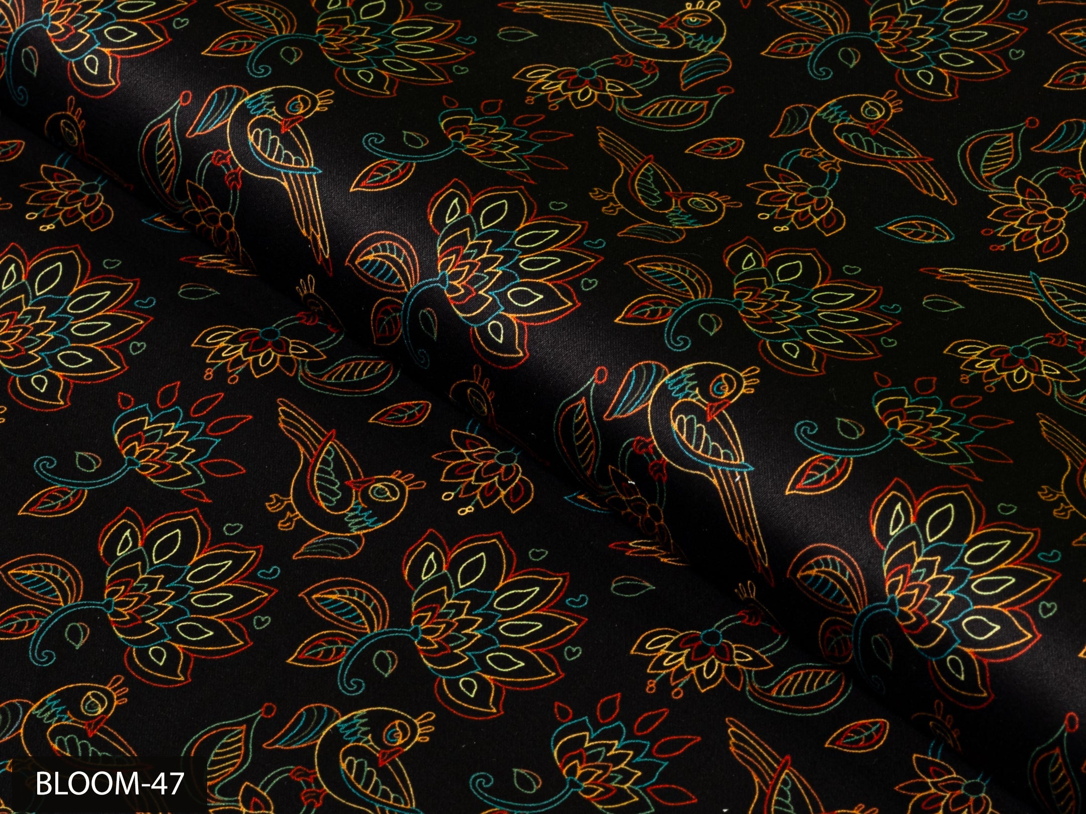 COLOR 47/BLOOM 47 Black and Red Bird Printed Fine Giza Cotton Shirting Fabric