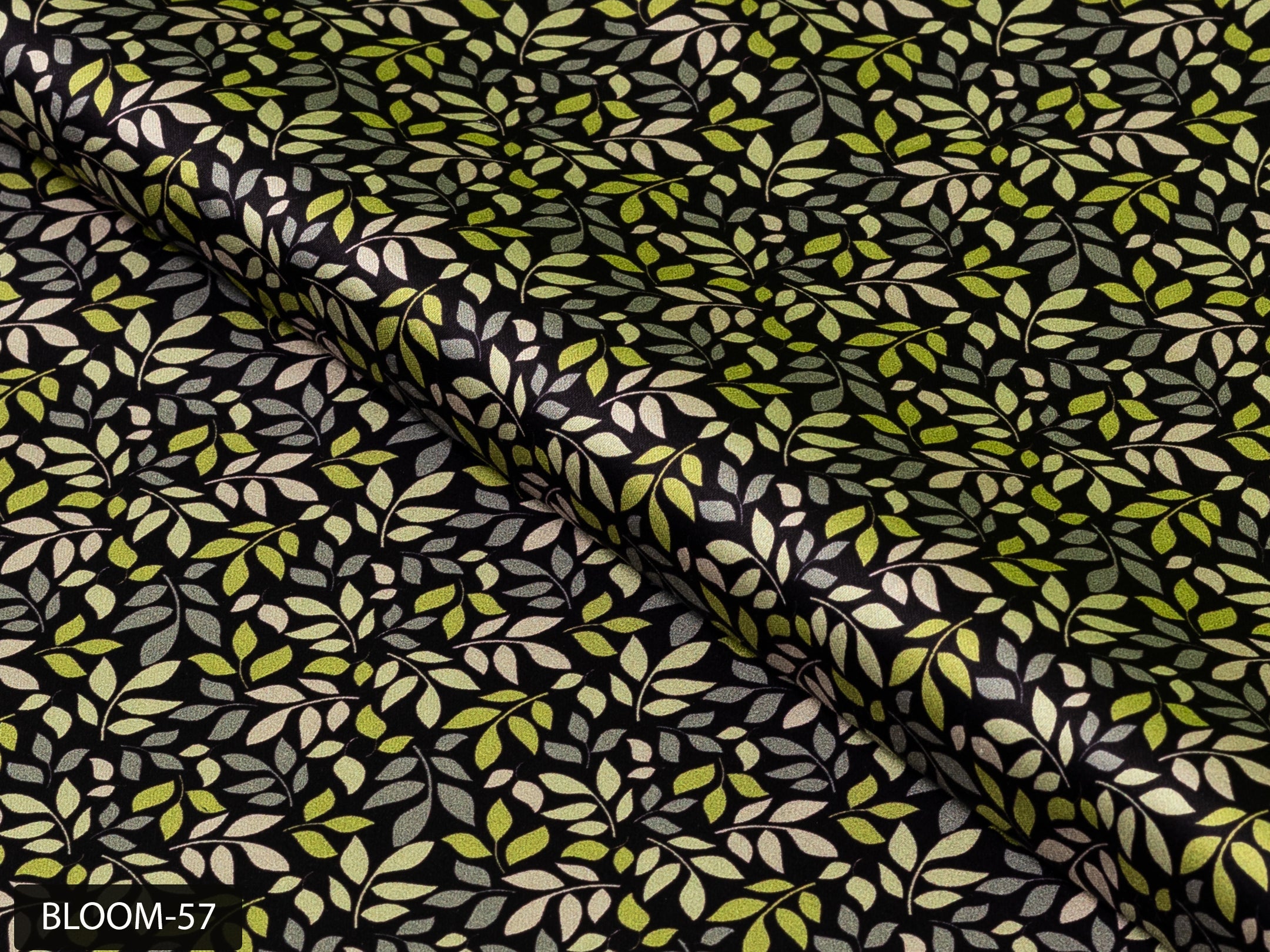 COLOR 57/BLOOM 57 Black and Green Leaf Printed Fine Giza Cotton Shirting Fabric