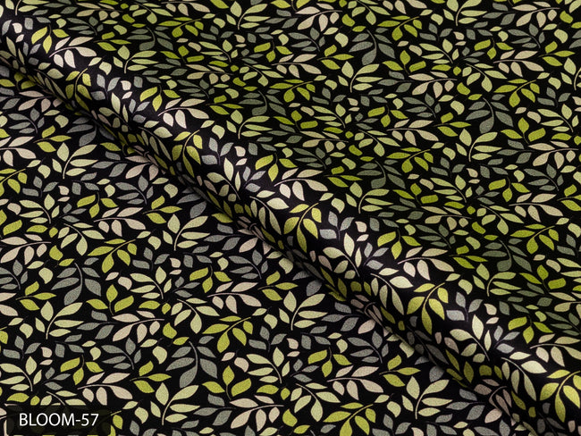 COLOR 57/BLOOM 57 Black and Green Leaf Printed Fine Giza Cotton Shirting Fabric